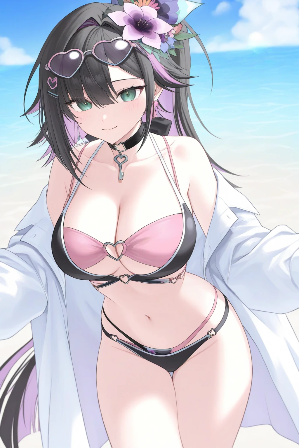 nijou aki,labcoat,open coat.shirt,miniskirt,necklace,cleavage,1girl,solo,masterpice,(purple lace bikini:1.4),(black lace panties:1.4) gigantic breasts,focus eyes, (skirt lift:1.4) , (looking at viewer:1.2) , blushing,standing up,outdoor,at river,smile,laugh,,wet clothes
