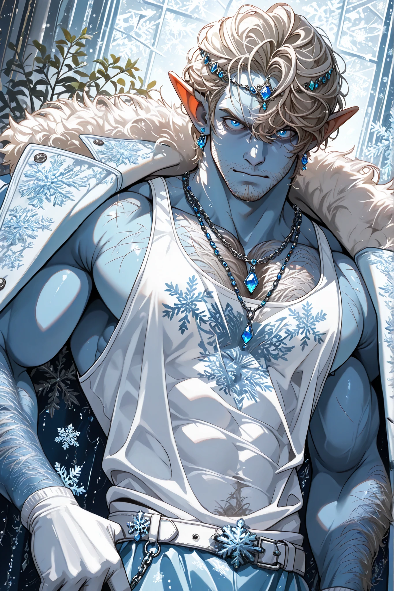 Very awa, masterpiece, best quality, absurdres, perfect quality, detailed background, Newest, absolutely eye-catching, intricate detail, BREAK, 1boy, Slovenly, Bara, Solo, Male_Focus, Male, Looking_At_Viewer, Tall, Muscular, Large_Pectorals, Abs, (((Hairy Light-Blue Skin))) Aquamarine Eyes, Designer Stubble, Platinum Blonde Long Messy Curly Hair, Elf Ears, Thick Royal Blue PVC Overcoat With Exaggerated Fur Hems & Plant Embroidery, PVC White Tank Top, Loose Neck-Tie With Snowflakes Embroidery. White Leather Belt, White PVC Gloves, Blue gem Circlet + Gem Earrings, Layered Rhinestone Necklaces, Posing Lazily, dutch angle,