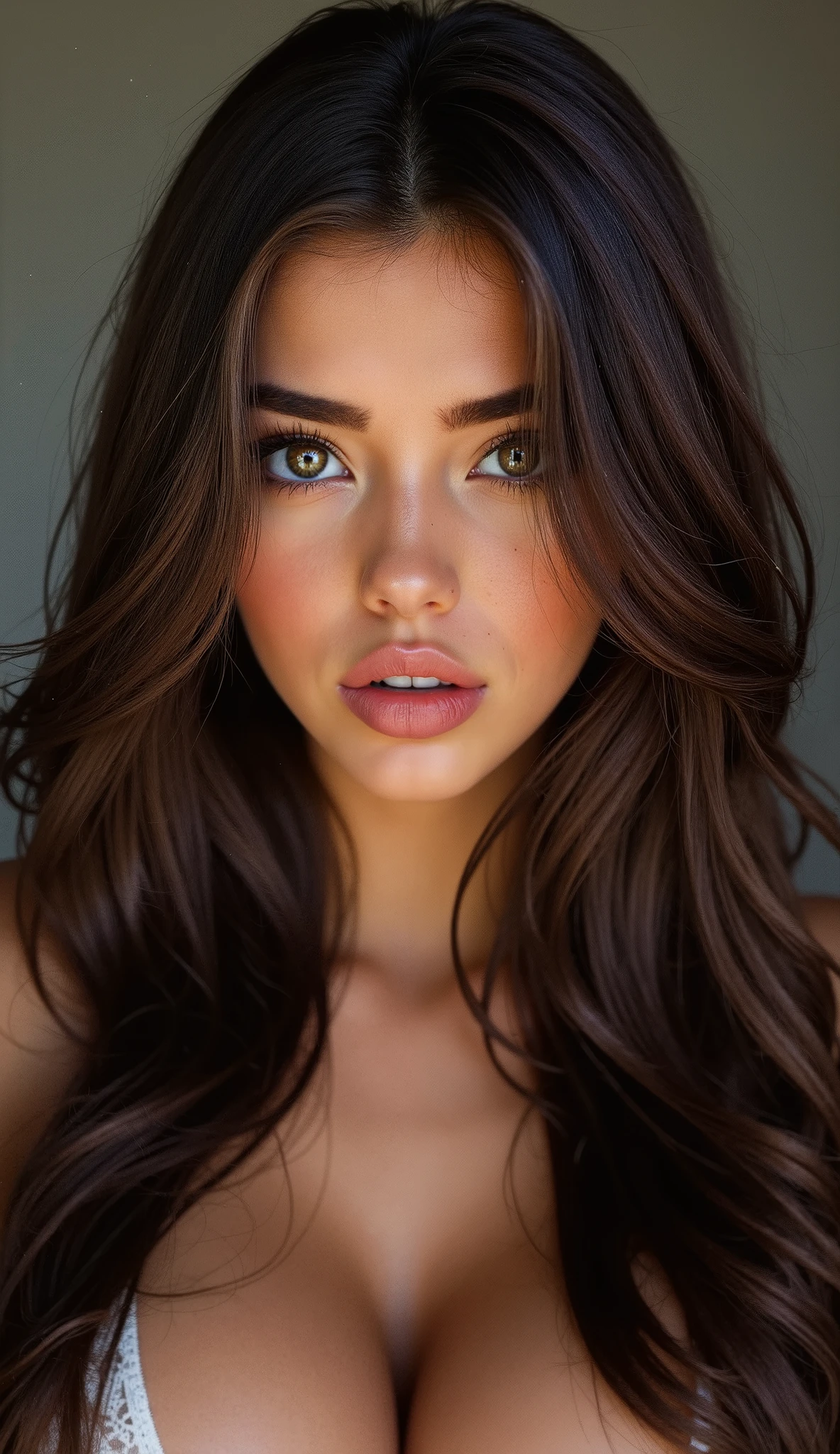Create a 21-year-old woman,beautiful brown and round eyes, black and half brown hair,labios sexys