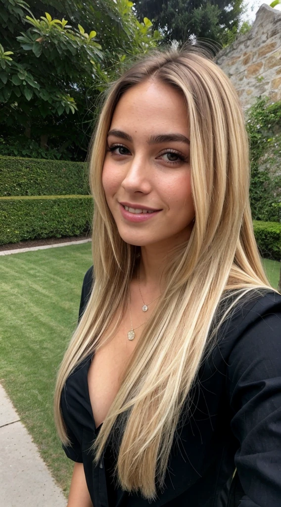 A 23-year-old blonde woman, ((pechos grandes)), ((hiperrealismo)) ,. blonde hair with light brown roots. cabello rubio, Hair with brown roots, cabello extra largo, cabello muy largo, really long hair, Beautiful, Front view, selfie, photo taken with iPhone, elegant black shirt with escote, escotada, selfie in the garden, high quality, selfie iPhone, cleavage