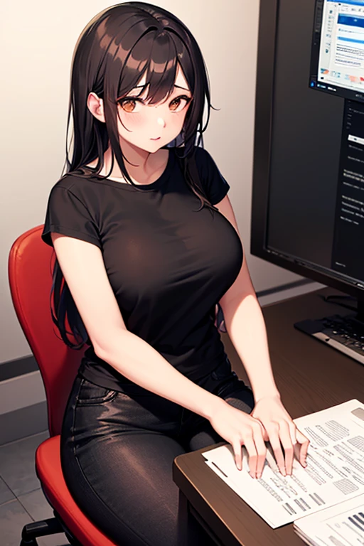 ((junkotvvxl, cabello negro, ojos rojos, orejas de gato, Adult, Female, Black hair, red eyes)), goth girl, gothic aesthetic, goth clothing, goth make up, thick thighs, medium chest, annoyed, disgruntled, sitting in gaming chair, gt racing chair, bedroom, gothic bedroom, aesthetic bedroom, Masterpiece, Accurate, Anatomically Correct, Best Quality, High Details, Detail, Super Detailed, Best detail, Perfect detail, Amazing detail, [-3, 3], perfect hands, best hands, best fingers, perfect fingers, perfect body, best body, amazing body, Looking at viewer, front facing, upper body shot, orejas de gato,