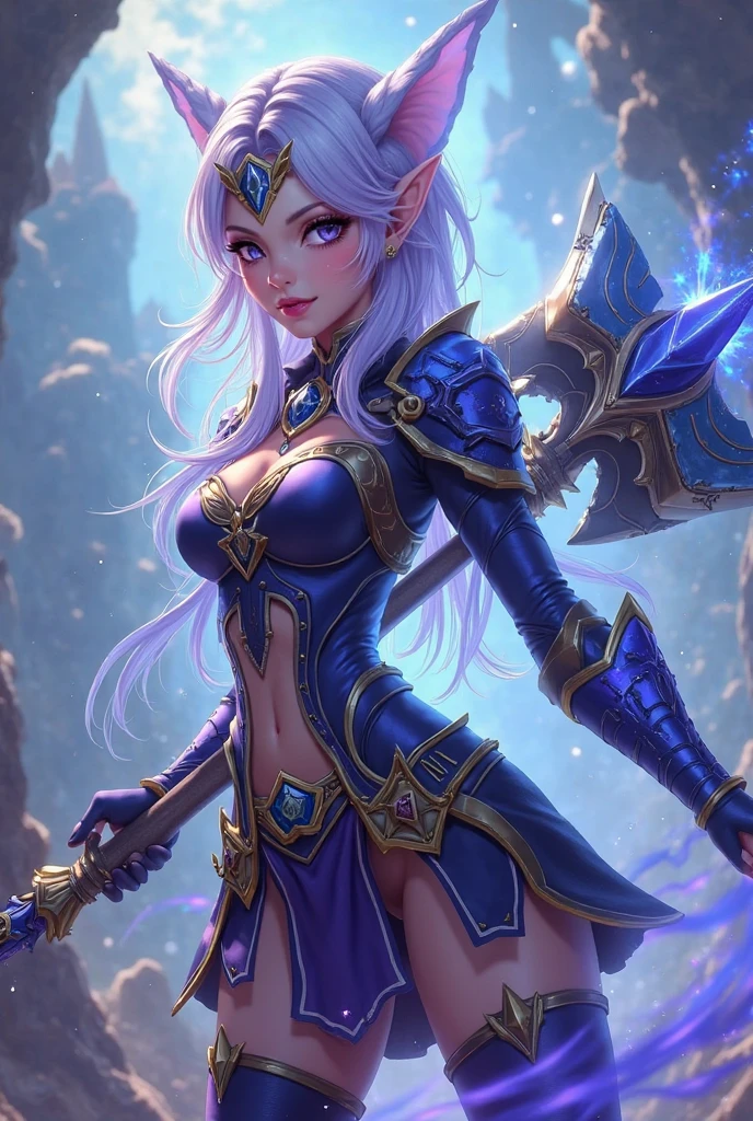 a woman as Miya from "mobile legends", wearing a blue separate 2 piece of battle armor, and a grey cape, holding her sword of demon hunter ready to slash her enemies, dark forest background, elf with blue silky skin, perfect beauty, goddess, fighting pose, silver hair (ponytail), Unreal engine, Ultrarealistic image, looking to the side, real life image, epic scene, taken by Canon EOS, octane render