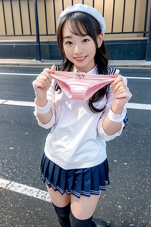 Masterpiece, realistic, hd, 15 year old female high school girl standing on the stairs of school, upskirt, lace white panties, white shirt,blue and red plaid miniskirt:1.5,best smile,white panties:1.5,blonde with short cut:1.5,Side waves with a short cut,Carrying a backpack, (backpack:1.2)