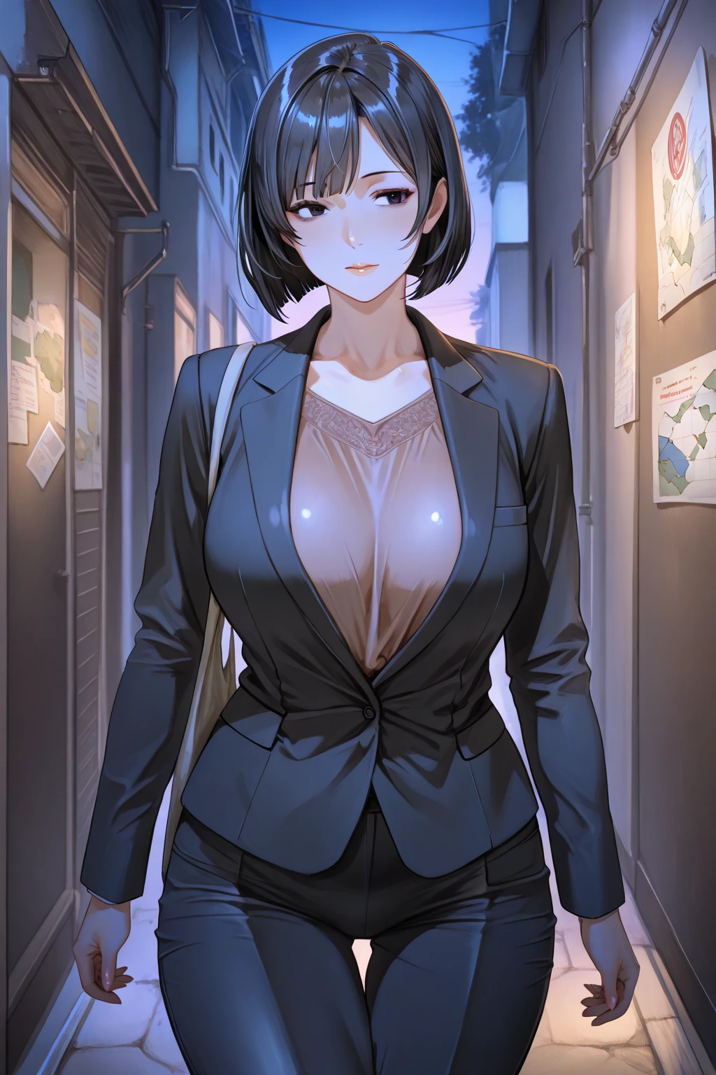a beautiful, tall, mature woman, married woman, with short hair, a stern look, office woman, wearing a sexy thong, visible cleavage, a dark room, seductive, noblewoman, big breasts, dark and moody atmosphere, visible panty, boss lady