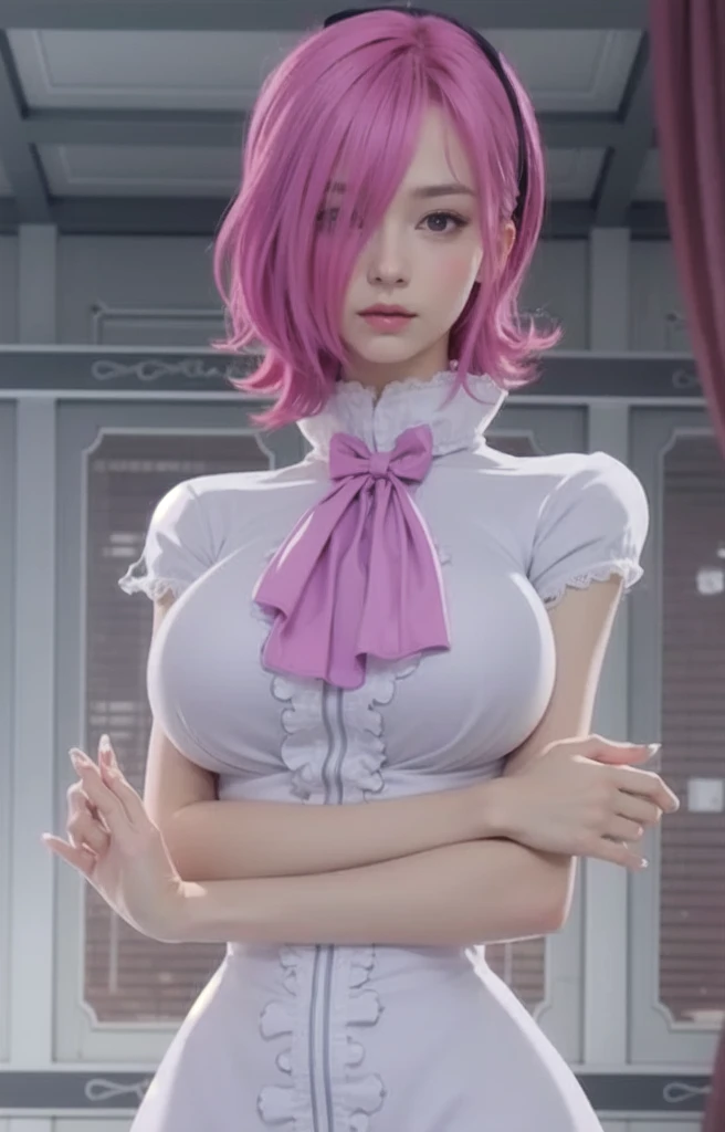 masterpiece,high quality,Perfect composition,Artistic Composition,16K,Super detailed,complex,best picture quality,high resolution,HD,OC rendering,UE5 effect,hyper-realistic,32K,perfect facial features,Female white-collar workers,film light,ambient light,rim light,(Pink see-through shirt),(Showing cleavage,Both shoulders),charming smile,Show your waist,(Miniskirt),garters,fishnet stockings,Face the viewer,sexy,36D,sit at the table,office background,