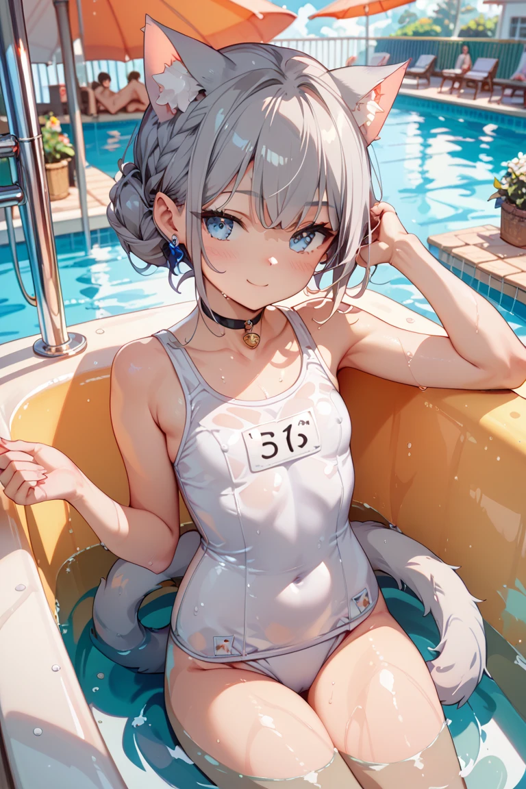 (best quality, masterpiece), 1 girl, centaur, It takes, swimming pool,belly button t-shirt, 아름다운 소녀 perfect white tiger photo, perfect white tiger photo