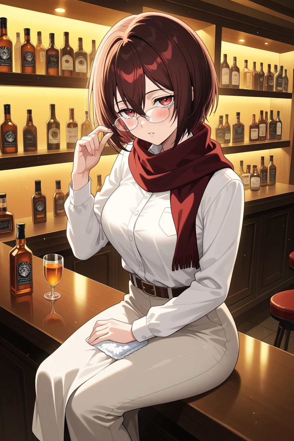 a tall woman,Polite,short brown hair,glasses,smoking,30s,sitting in a bar,from the mafia,a little frustrated,No NSFW