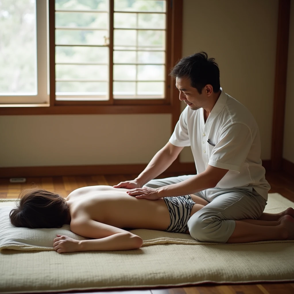 a white american man lying on his back on a bed in a massage room, being massaged by a sweet, sexy, cute, asian beautiful girl, little smile <lora:AsianMassage-03:1>