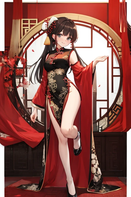 a sexy woman, (best quality), (masterpiece), (1girl), slim, anime, (flat chested), (chinese dress), (sitting and legs up), (protrait), (full body view)
