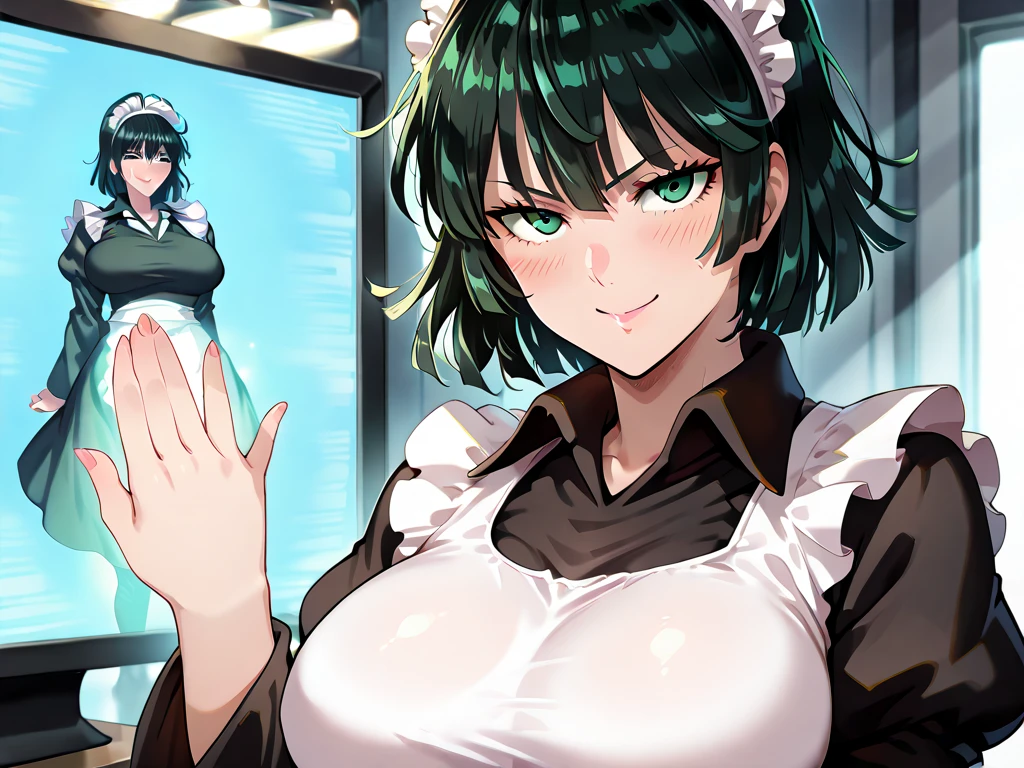 (Best Quality, Masterpiece),sexy mommy, Front cover of a women's cooking magazine,  erotic, 18+, nsfw, 1girl, 30 years old, green lipstick, Contempt, pride, hourglass figure, high heels, sexy Maid costume, beautiful food, text, diagrams, advertisements, magazine title, short black hair,green detailed sparkling eyes,