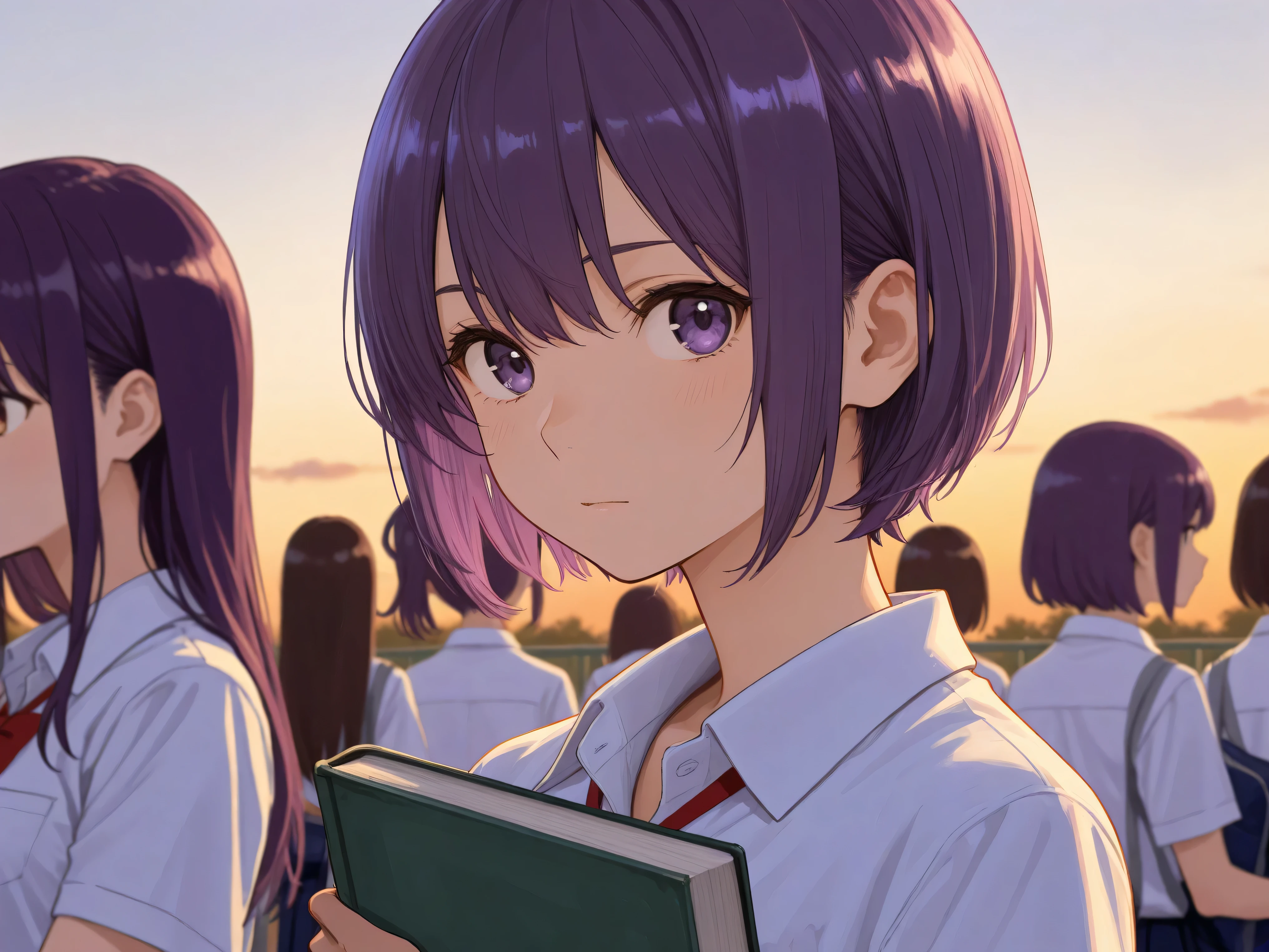 girls,purple hair carrying a book,short hair,high school girl,Summer clothes,schoolの屋上,It's dusk,evening,One person,4K,school,student,after class,Portrait,ファインアートPortrait,digital paint