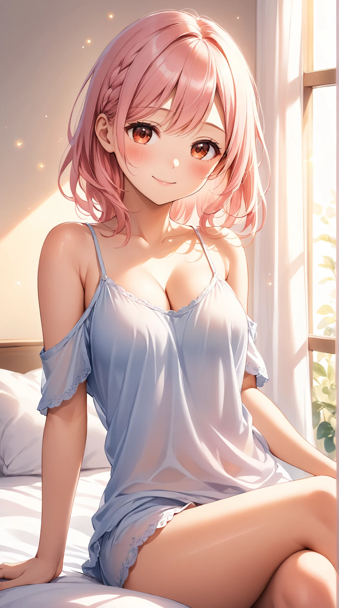 Smile, smiley face, (1 girl) Sfw, nino nakano, pretty teenage girl with fluffy long pink silky hair, blue eyes making a cute face, aamiku, Nakano nino from The Quintessential Quintuplets, nino Nakano, masterpiece, 4k, ultradetailed, cowboy shot, nakano nino, pink red hair, blue eyes, sparkling eyes, night wear, white minimal simple nightwear matching set, white iridescent matching set, white satin and lace night vest, white satin and lace tank top with thin shoulder straps, white satin light night skirt, minimal outfit, simple outfit, all white outfit, full body, dynamic pose, moving, dynamism, hair between eyes, nightwear, perfect anatomy, perfect symmetry, perfect body

