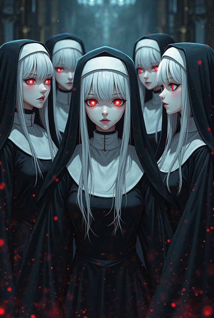 (masterpiece, Top quality, 8K, best quality, Official Art, beautiful and aesthetic:1.2), Closed churches, Sisters Robe, ,Description of the Nun, Fear, Gothic, Black and white with red accents, Red lips, 수녀뒤에 서있는 검은 devil 형상, devil, The exorcist