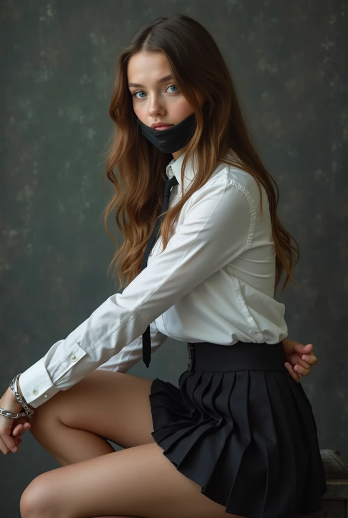 Beautifull 18 year old blonde girl in her school uniform with shirt tie and kilt with latex long gloves and long leather boots, she is tape gagged and ties up by her girl classmates