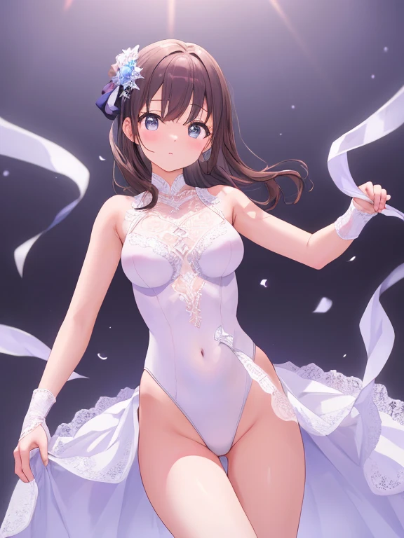 masterpiece, highest quality, One Girl, Thighs, beautiful girl, Flowers, たくさんの小さなflowerびら, flower、Narrow waist, RAWphotograph,Bright lighting、Face Light, Dynamic Lighting,  Ultra-realistic, High resolution, photograph, Sharp focus, Highly detailed eyes and face,Symmetrical face, whole body、Big Breasts、Long Hair、チラリと見えるThighs、Deep valley、Beautiful valley、((((Mr.々Expression、Mr.々A pose、Mr.々Cosplay、Thin fabric clothing、White lace panties are visible、The stage for the school festival beauty pageant、Low - Angle、Thighs))))