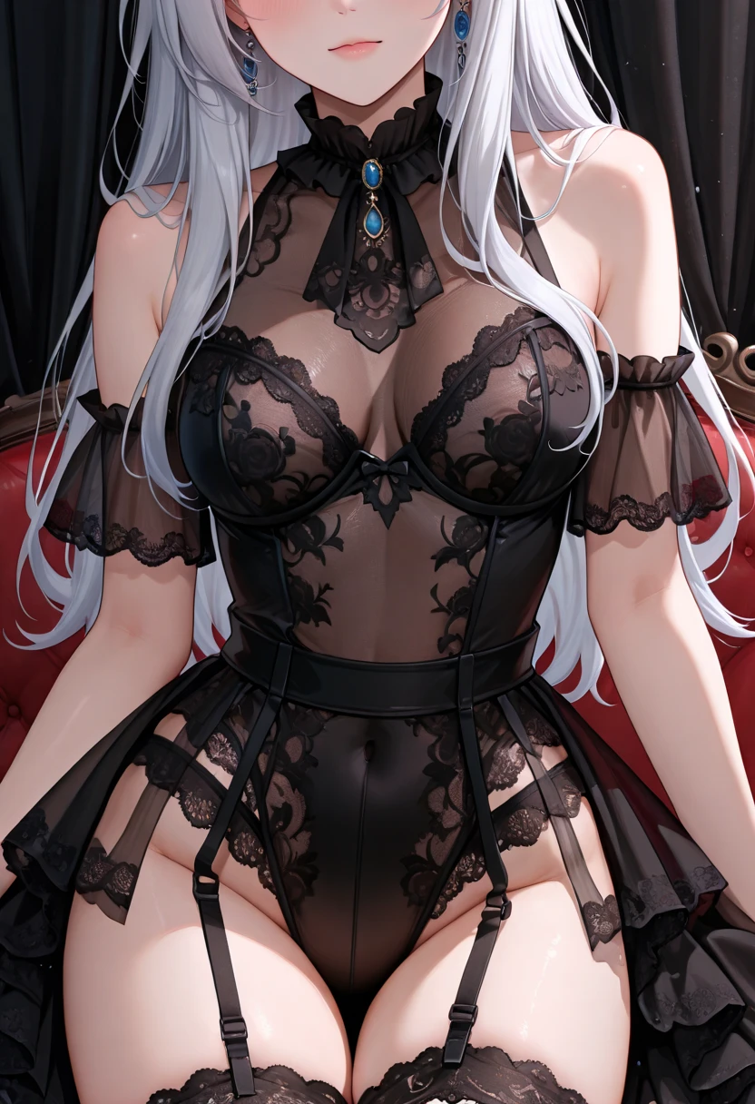 Maid, ((lingerie)),garter,lace underwear, white,short hairs,maid hairband,cat ears, standing, cameltoe