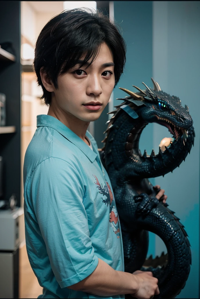 Black Hair　Dark Eyes　Mouth wounds　Black T-shirt man　Wearing a red monster　Beardless