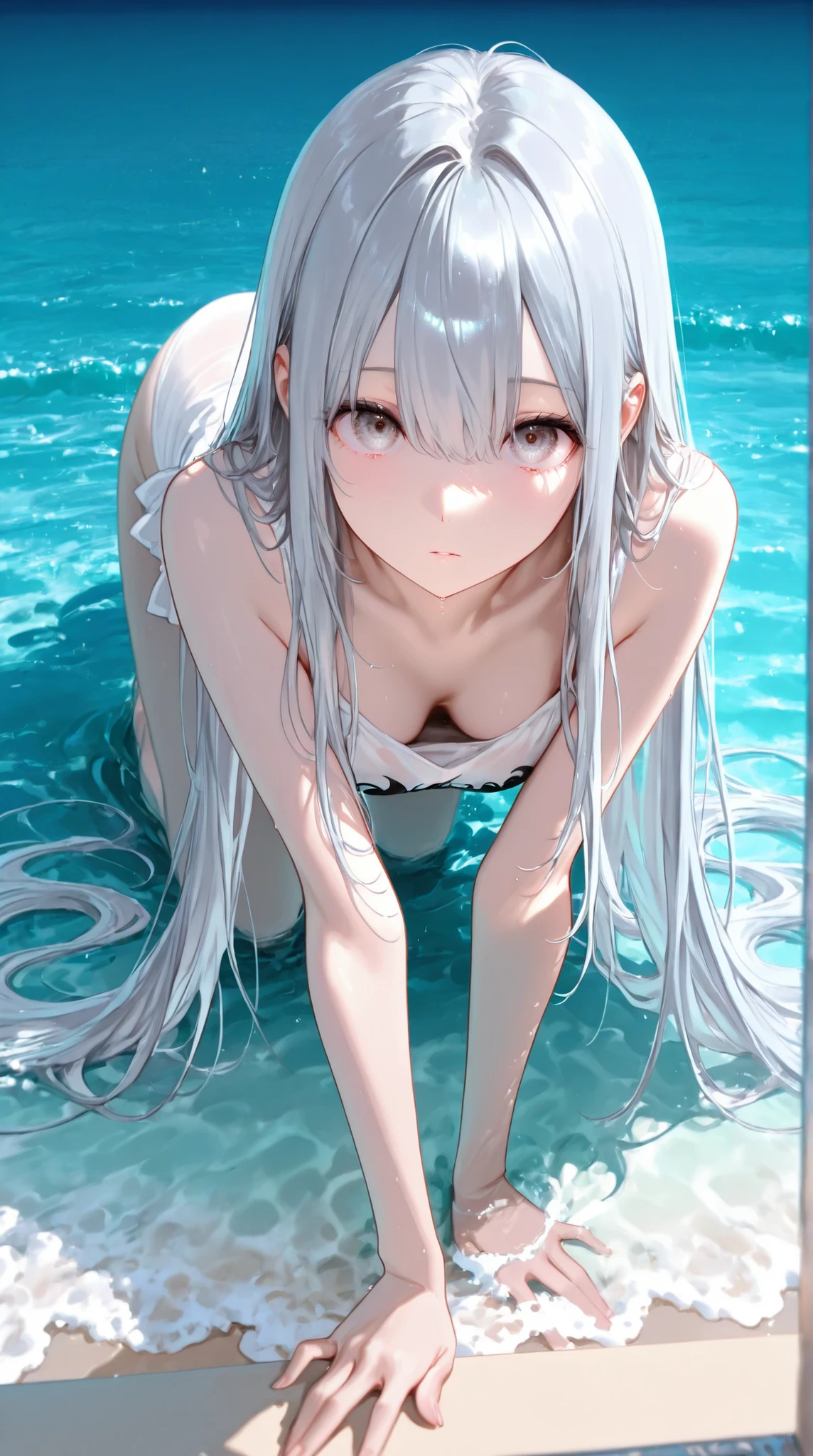 silver hair, Golden Eyes, flat chest，slim figure，Blue swimsuit，Bare waist，thigh，Sunlight，Ocean