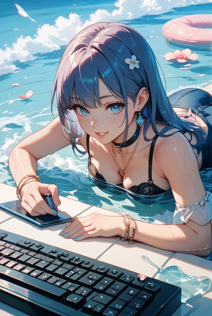((Top Quality)), ((Masterpiece)), ((Detail)), Perfect face, Perfact bodty, sitting on the swmming pool, listening to music, wearing headphones, wearing swimsuits, swimsuits are transparent, legs open Sitting wide open, wearing tight clothing (yes, buttocks and breasts are exposed). I see a face, one women