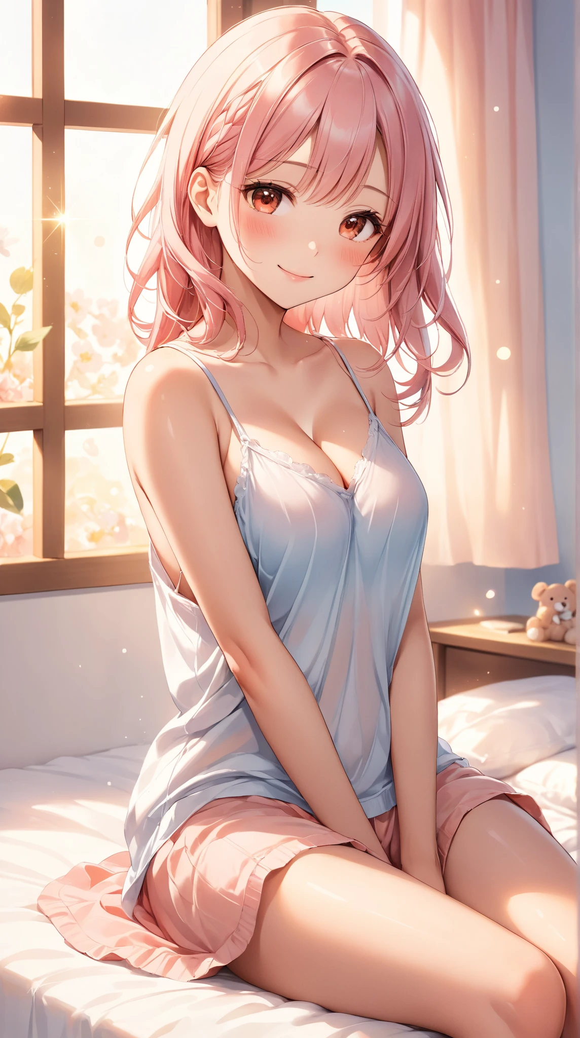 18 years old girls,tmasterpiece,Shy face,Bob Head,Light pink shirt,No bra,did not wear panties,The lower body is naked,Bare legged,Barefoot,sit on a bed,Snow-whiteskin,overcast day,with pink hair,a pink eyes,thick thight,wallpaper,nsfw
