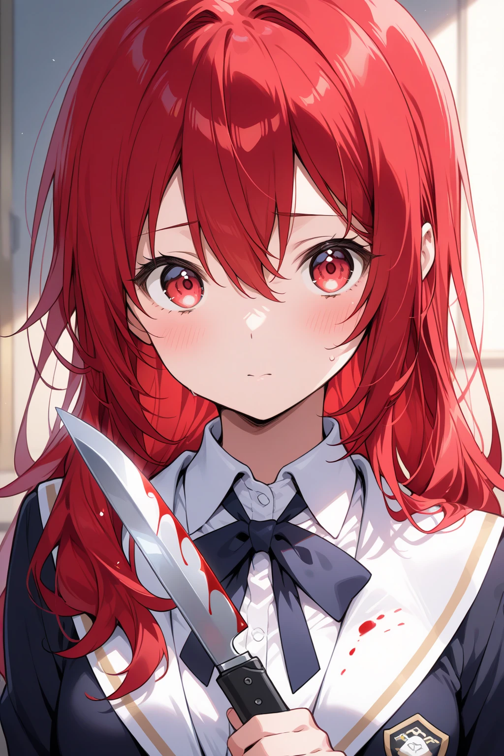 Outrageous, Best Quality, 1girl, solo, red hair, purple eyes, long hair, big, ahBunny, bunny ears, red corset, gakuran, aprons, red neck ribbons, red skirt, hair bow, short sleeves, wrist cuffs, white thighs, jingle bells