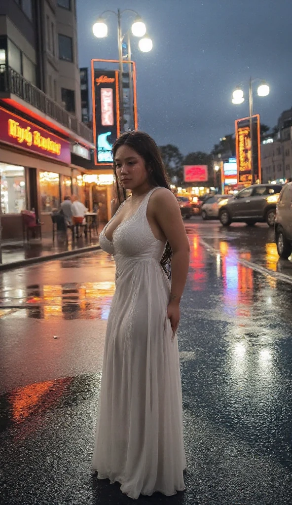 araffe walking down a wet street in a white dress, wet streets, wet street, bladerunner in the rain, late night raining, wearing a wet white short dress, in the rain, in style of nan goldin, inspired by Nan Goldin, translucent dress, at evening during rain, rainy; 90's photograph, rainy night, drenched body