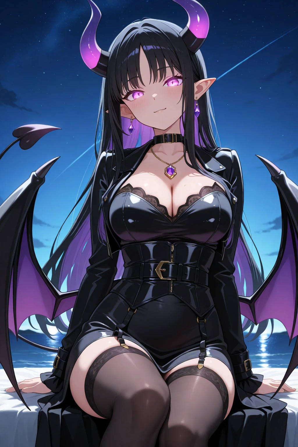 ((Highest quality)), ((masterpiece)), (detailed), (Perfect Face)、The woman is a naked demon queen, Devil Queen Chibiusa, wearing a shiny black full-body bodysuit decorated with gold, the sexy female demon Devil Queen Chibiusa、The woman is a female demon with magnificent devil horns, jet black devil wings and a jet black tail. She is a demon Chibi-Usa with a happy expression as she looks at the camera, with pink semi-long hair in a chignon twin tail and the expression of a girl in love.、The girl is Chibiusa