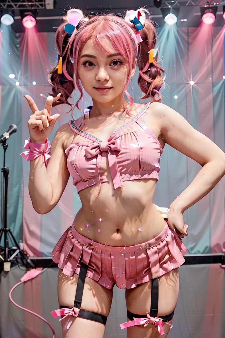 (masterpiece)、Detailed、(cute)、((Idol))、(赤色と黄色のIdol衣装)、、smile、Side ponytail hair、belly button、shoulder、Checkered ruffled lender、(dance)、Knee-high socks、Big ribbon、White underwear、Colorful hair colors、((Flat chest))、In the spotlight
