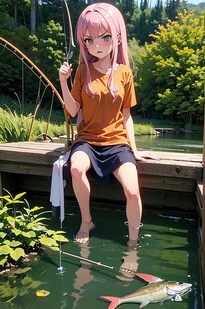 Masterpiece, Best Quality, high resolution, in a small lake, background vegetation, 1 girl, alone, blue eyes, long hair, blonde color, exhausted look, smiling, serena (pokemon), pink hat, black shirt, bare shoulders, Red skirt, bare legs stretched and apart, barefoot, soles. (anime) (2D)