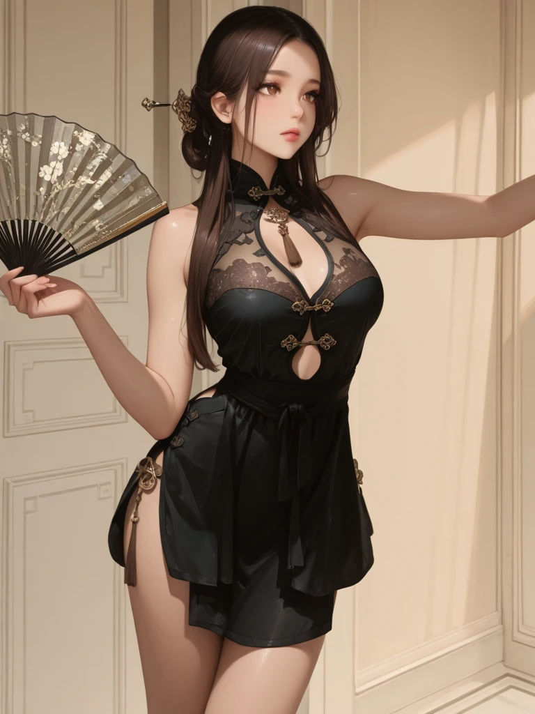 1girl in, (((shorth hair))), qipao dress,long  skirt，(​masterpiece, top-quality, Near and far law, depth of fields:1.5), beautiful expression, 8K, Raw foto, nffsw, Photorealsitic, film grains, chromatic abberation, hight resolution, ultra-detailliert, finely detail, 动态照明, Dramatic Lighting、shadowy、extremely detailed eye and face、Round pupils、Modern and luxurious room、long legged、clong legs