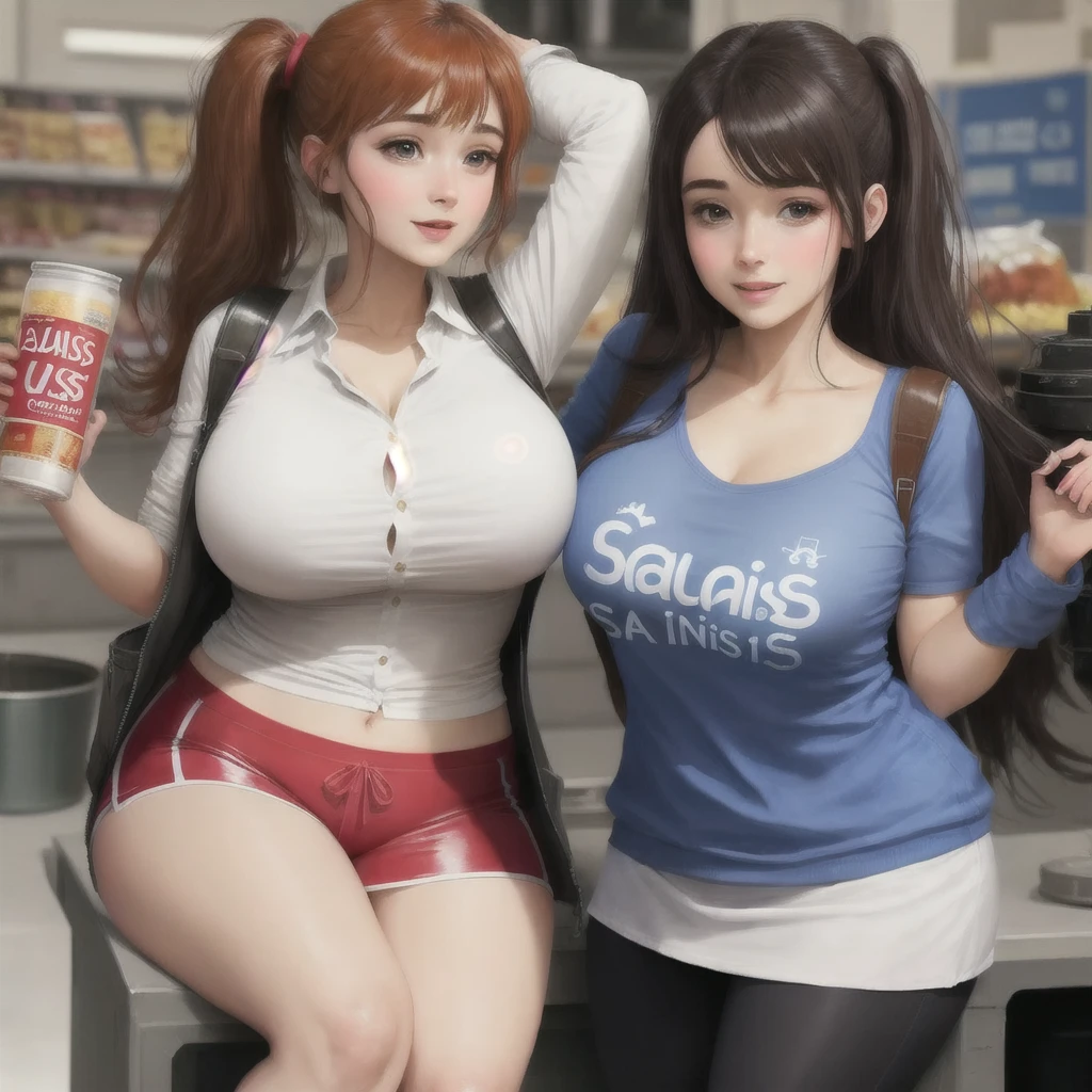 convenience store、2 beauties、clerk、uniform、Cashier、working the cash register、Shopping basket、register、serious personality、camel toe、huge tit、Nipple Puffs、cleavage、Plump、Super big breasts、super big butt、During checkout、Barcode reader、Coffee Server、Milk is breast milk
