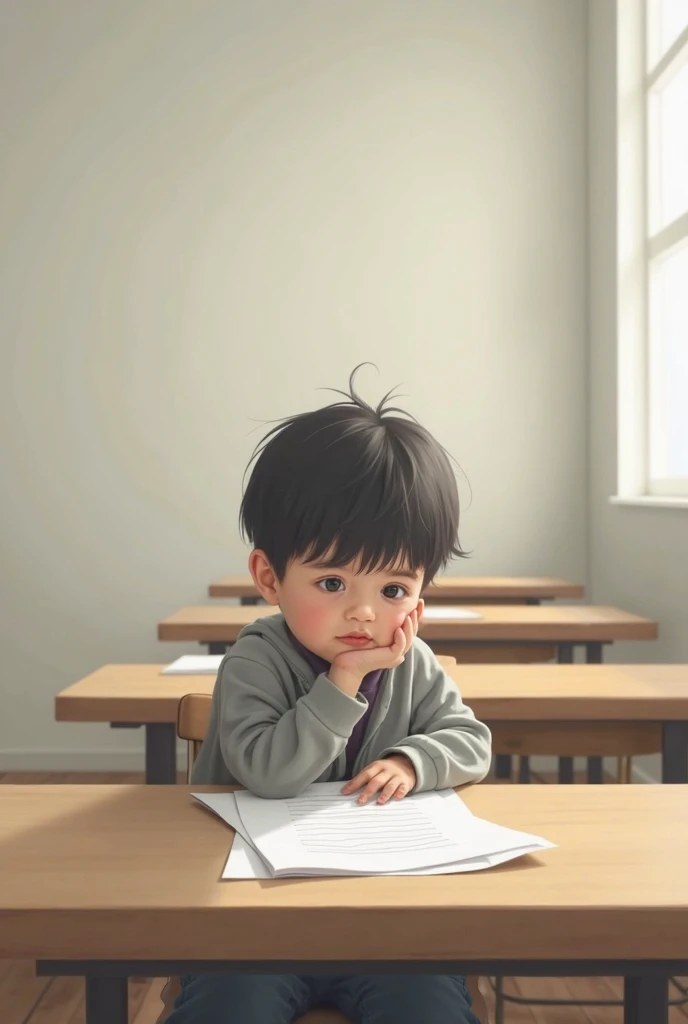 Child looking at a broken chair at his school