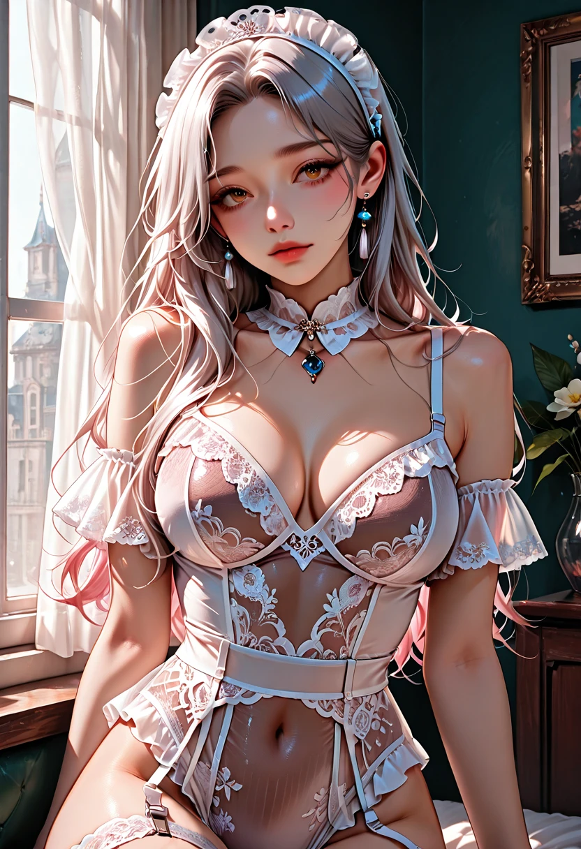 Masterpiece, Ultra HD, Ultra HD 8K quality, (Realistic: 1.4), (Outstanding, Sidelight: 1.2), A woman with very detailed and beautiful blue eyes, Fantastic and very beautiful face, Portrait, Realistic, 3D face, Glowing eyes, Beautiful long Pearl Pink hair that shines, Glowing skin, Embarrassing, (midriff), (((Sheer gorgeous dress with white very fine lace))), (((See-through dress))), Sheer skin, No underwear, Angle from below, Aquamarine accessories