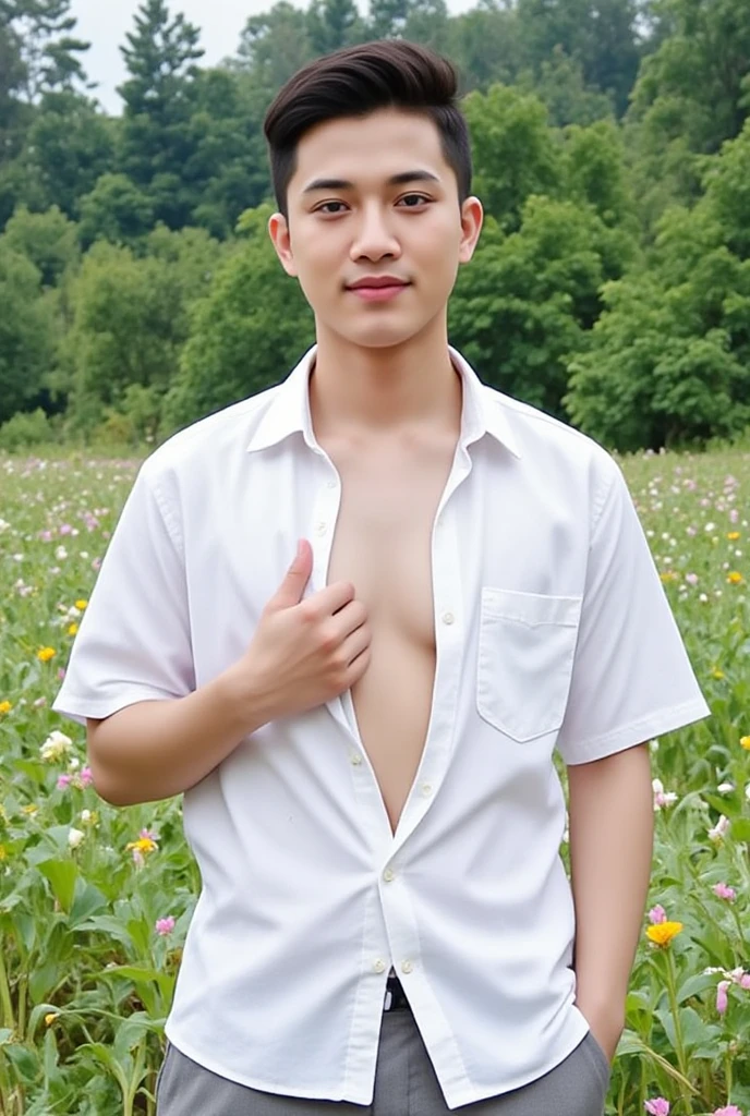 young man, 24 years old, Good looking, Looks like a Korean actor, หน้าตาเหมือน K pop idol, ใบหน้าhandsome, white skin, small mouth, Slender face, detailed face, very short hair, well care hair, teeth not shown, handsome, Confident eyes, fit, Broad shoulders, have abdominal muscles, naked, naked, Sitting with legs apart, Open your legs in a V shape., butthole exposed, corn field at night as a background, bright, outdoor, likes to show off his penis, clearly shows the penis, There was one decent sized penis., Don&#39;t feel embarrassed., Was gangbanged for taking pictures, Slut, Shameless, exhibitionist, pose like prostitute, act as shameless nude model, expression of ecstasy/orgasmic, natural light, both eyes are the same, muscular, perfect eyes, nipples showed, penis exposed, Global illumination, tall, full body, tiny waist, soft light, dream light, digital painting, extremely detailed CGI, HD, 8k, 4k background,