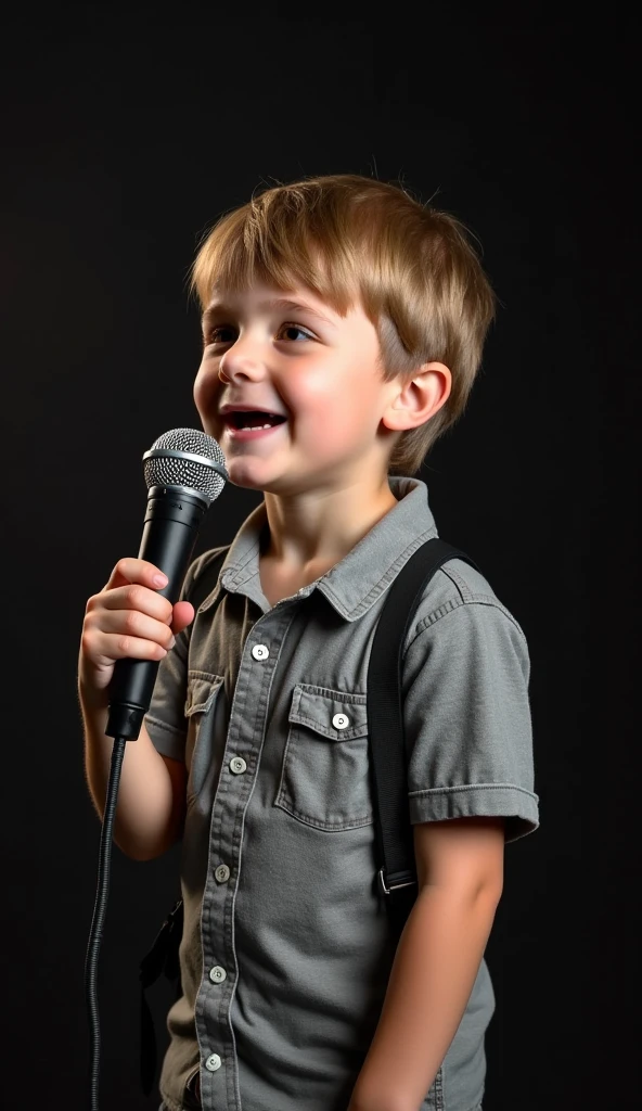 Perfect composition, 8K, Close up, A small red-haired European boy, with a red shirt and jeans and white sneakers, stands on a stage lit by stage lights, holds a microphone in his hand, and sings. An excited expression. Ambient smoke in the background. Behind, little boys in white shirts and jeans, singing. depth of field.