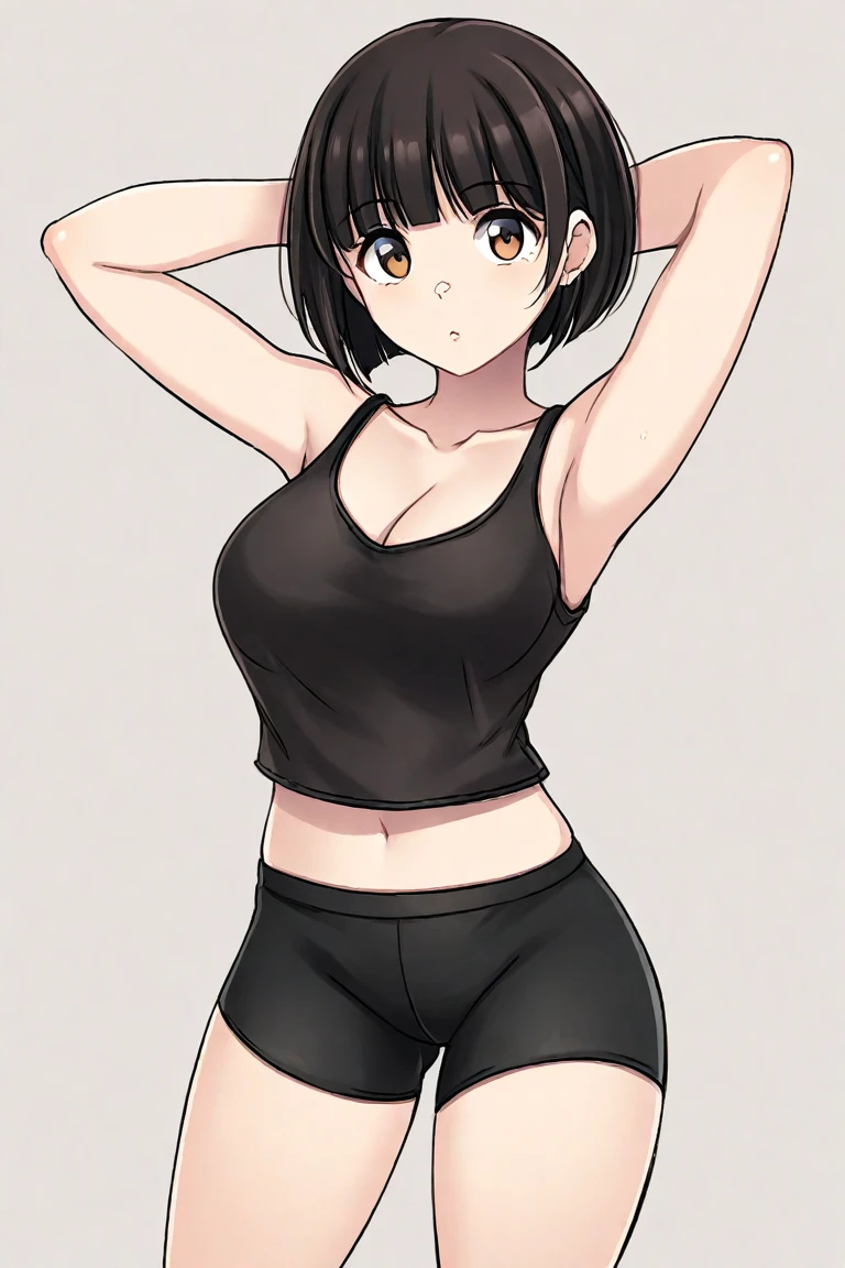 1 hot girl, dark hair, dark grey eyes, grin, gorgeous, kirigaya suguha, short hair, hairclip, black sport bra, young girl, black leggins, huge breasts, underboob