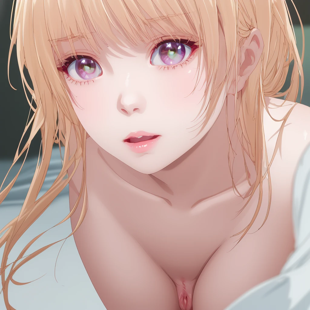 blonde, short hair, girl１, sleep in bed, White sheets, White pillow, upper body, completely nude, (small nipples:1.2), (small areolas:1.2), 
kawaii, cute, pale purple eyes, (open white shirt), (shy), (blush),light smile