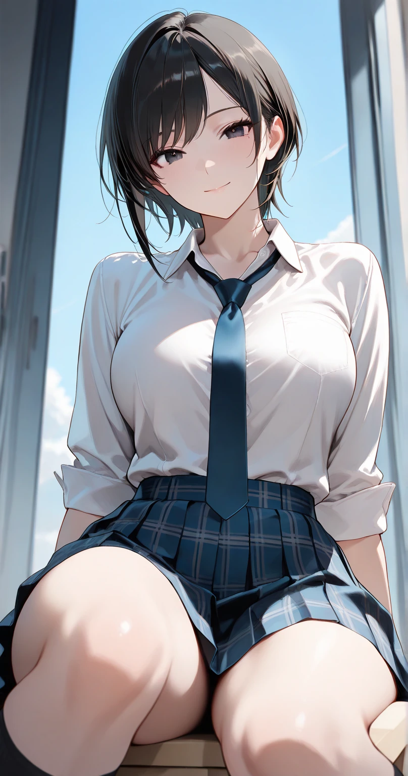NSFW, 1 woman, 15 years old, ((short wolfcut haircut)), black eyes, Indonesian high-school uniform, white shirt, osis logo on shirt pocket, flat breasts, grey pleated skirt, half-shot, innocent look, hands up, sitting, knees up, white panties, spread legs