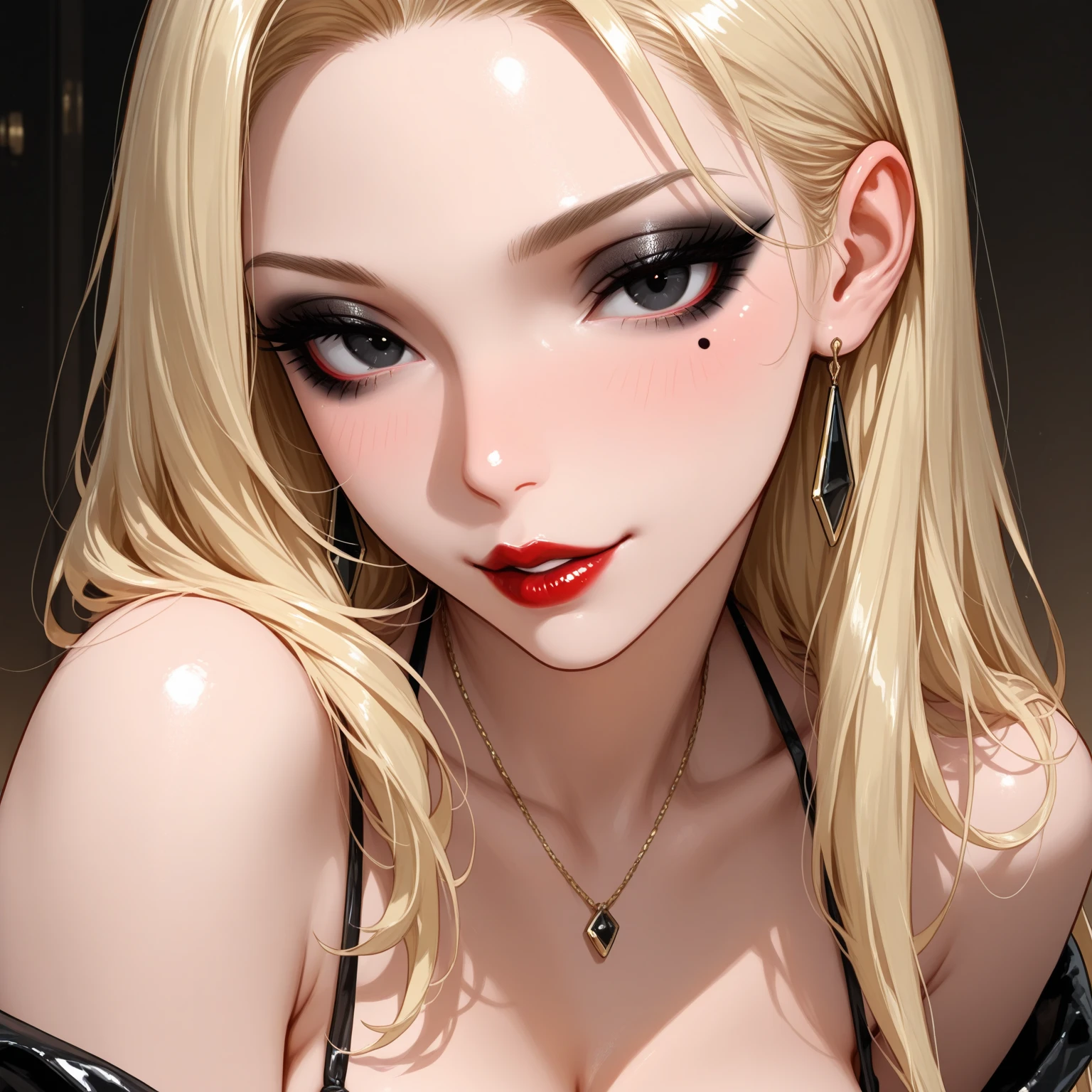 Incomparable masterpiece, ultra-realistic 8k CG, perfect artwork, ((perfect female image)), mature woman, slender waist, seductive, clean, beautiful face, {extremely delicate and beautiful girl} , 8k wallpaper, {{{Masterpiece}} }, 1girl, blonde hair, blue eyes, ponytail, police uniform, jewelry, lips, lipstick, long hair, look spectator, makeup, lips, red lips, simple background, solo, upper body, (shiny skin),