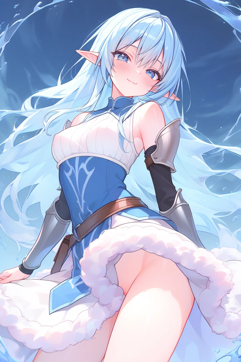 (Night Sky:1.3), 1girl , large breasts , long pointy ears , ceremonial clothes , thighhighs, standing, close up, from above, solo, full body, <lora:197534_ludmila_lourie_lord_marksman_and_vanadis:0.8> ludmila lourie lord marksman and vanadis, ludmila, midriff, hair bow, see-through skirt, blue panties