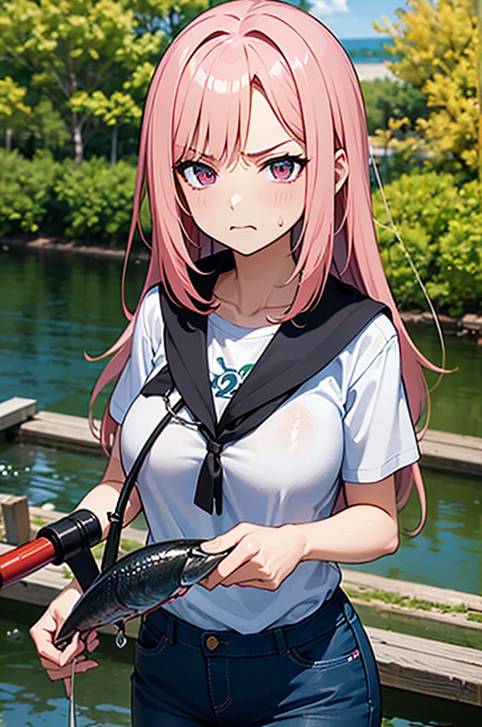 Anime girl with pink hair and white shirt holding hose, Fine details. Anime.seductive anime girls, Water-soaked shirts, long whitr hair, Fake smile, huge tit,  Wide buttocks, Positive light, Half-face photography above the knee, The background is blank, ( Front light ) , （tmasterpiece：1.6，best qualtiy），（Thin and beautiful eyes：1.2），high high quality，beauitful face，mature, ((White color blouse))