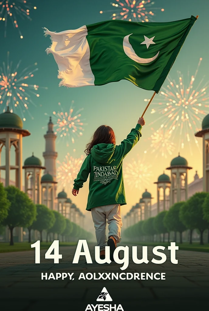 A young boy stands proudly under a clear blue sky, celebrating Independence Day on August 15th, 2024. He is wearing a vibrant tricolor T-shirt with his name "sonu" printed on the back, along with a large image of the Ashoka Chakra. The sky above him features the words "Happy Independence Day 2024" in bold, festive letters. Indian flags are flying around him, and a sense of national pride fills the air as he salutes, symbolizing his love for the country.