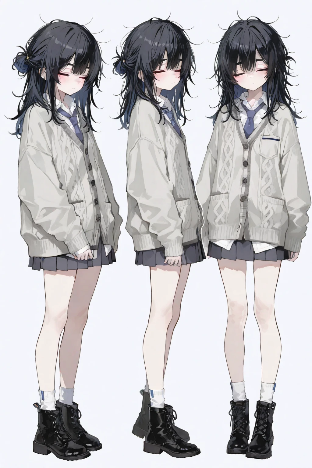 score_9,score_8_up,score_7_up,score_6_up,score_5_up,hd5,hadrian, 1girl, ama_mitsuki, underwear, panties, skirt, long hair, multiple views, jacket, bow, pleated skirt, bra, shoes, bangs, socks, hands in pockets, pantyshot, bag, bowtie, black hair, standing, from below, miniskirt,  brown eyes, ass, black footwear, loafers, shirt, breasts, school uniform, blunt bangs, coat, striped, full body, bare legs, black jacket, blue bow, plaid, long sleeves, blush, dated, black skirt, looking at viewer, white shirt, collared shirt, brown hair, blue bowtie, sweater, thighs,