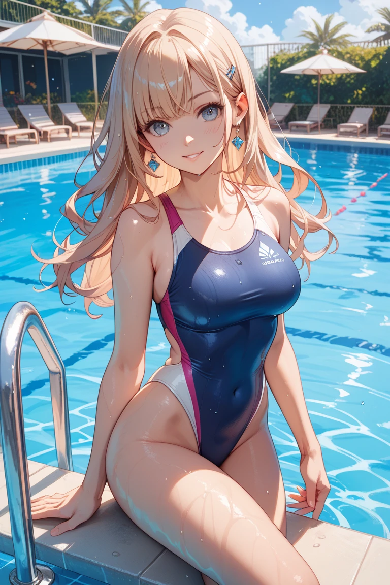 (realistic:1.4、​masterpiece、top-quality、8k size wallpaper、offcial art)、(character focus、cowboy shot)、(1girl),(Open mouth happy smile:1.3),(),cute face,blue eyes、()、
,(sit),(Shining smile),
,(slender),(competition swimsuit),(longblonde hair1.3), (small breasts)、
、fluorescence、pool,、