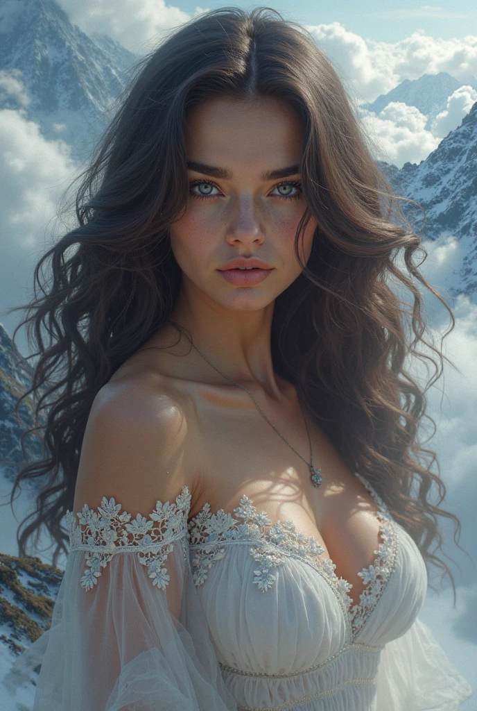 (masterpiece, photorealistic:1.4, extremely intricate:1.6), (photon mapping, radiosity, physically based rendering, ultra resolution, hyper-realistic, photorealistic:1.4, hyper-realistic, 8K, rtx), ((twenty years old [waif:supermodel:0.5], (teenage girl, ((organza lace white long gown, goth, lace gloves, plunging neckline, cheekbones), wind, windy, humid, glisten, closeup portrait, (sparkling crown)), cloak, filigree, etched, long straight [brown hair:blonde hair:0.4], [huge breasts:medium breasts:0.8], [blue eyes:clear eyes:0.5]))) Fantasy, BREAK, (((she is on a barren snowcovered mountainside, in a (sunset, blizzard, bokeh))))