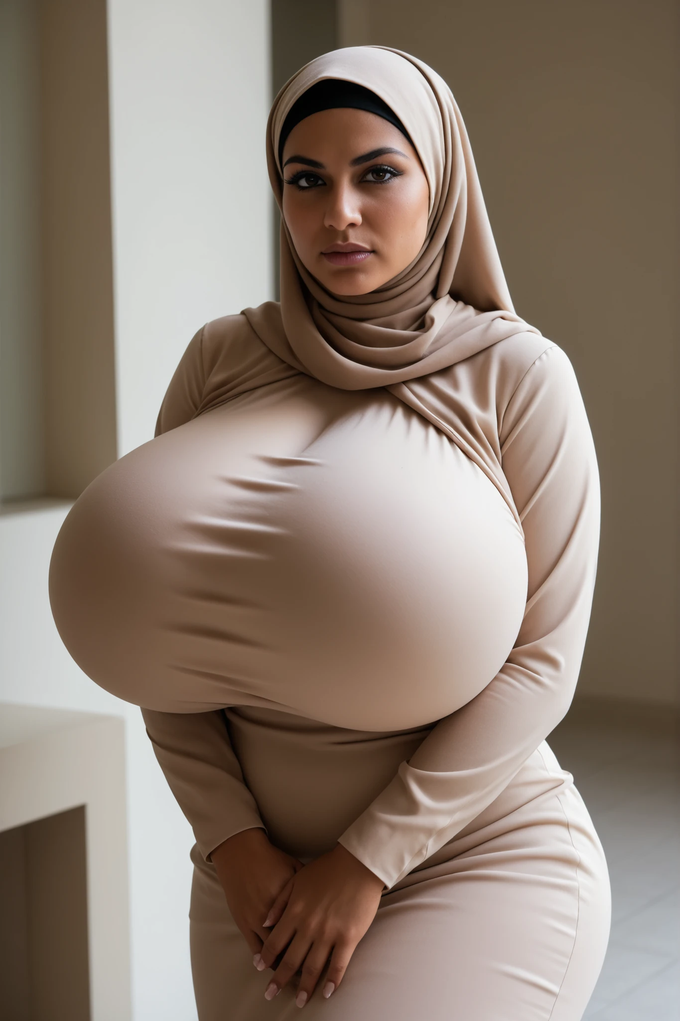 a hijab woman largest breast in a gray outfit is posing for a picture