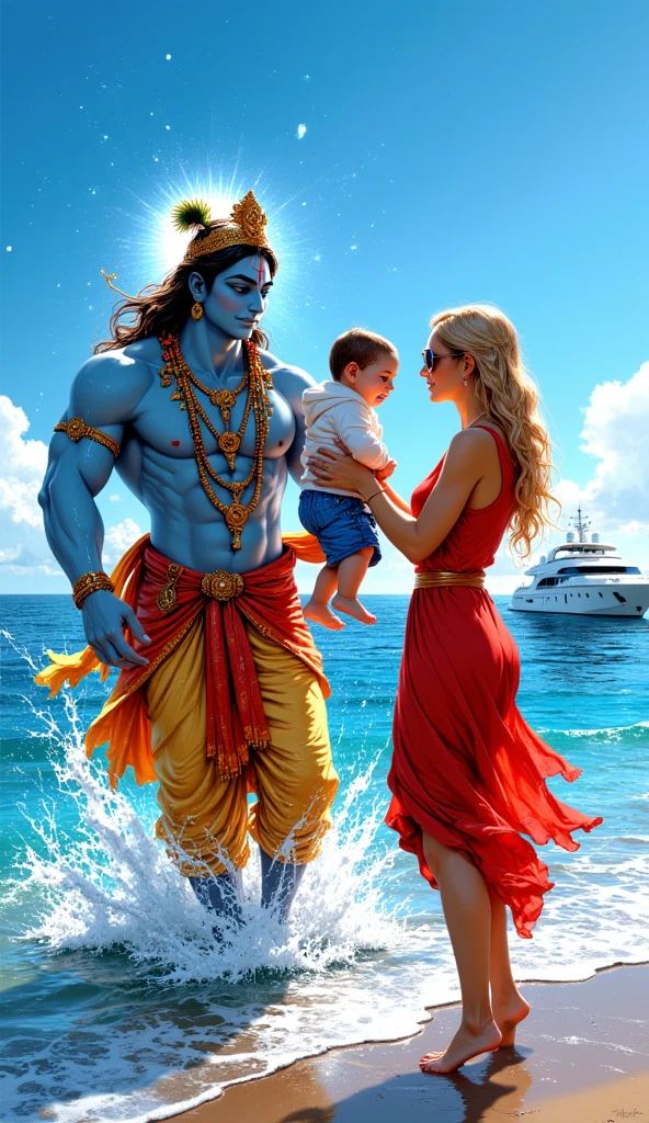 Two Thai characters engage in an amazing lovemaking scene, where one is a chubby, giant-faced character with curly hair and the other is a beautiful woman wearing a golden crown hugging each other. Both characters should be adorned in ornate gold-trimmed traditional costumes, complete with intricate details and patterns. These shots should be set against a seascape backdrop, under a stormy sky with lightning to add intensity and realism to the scene. High-quality HDR rendering.