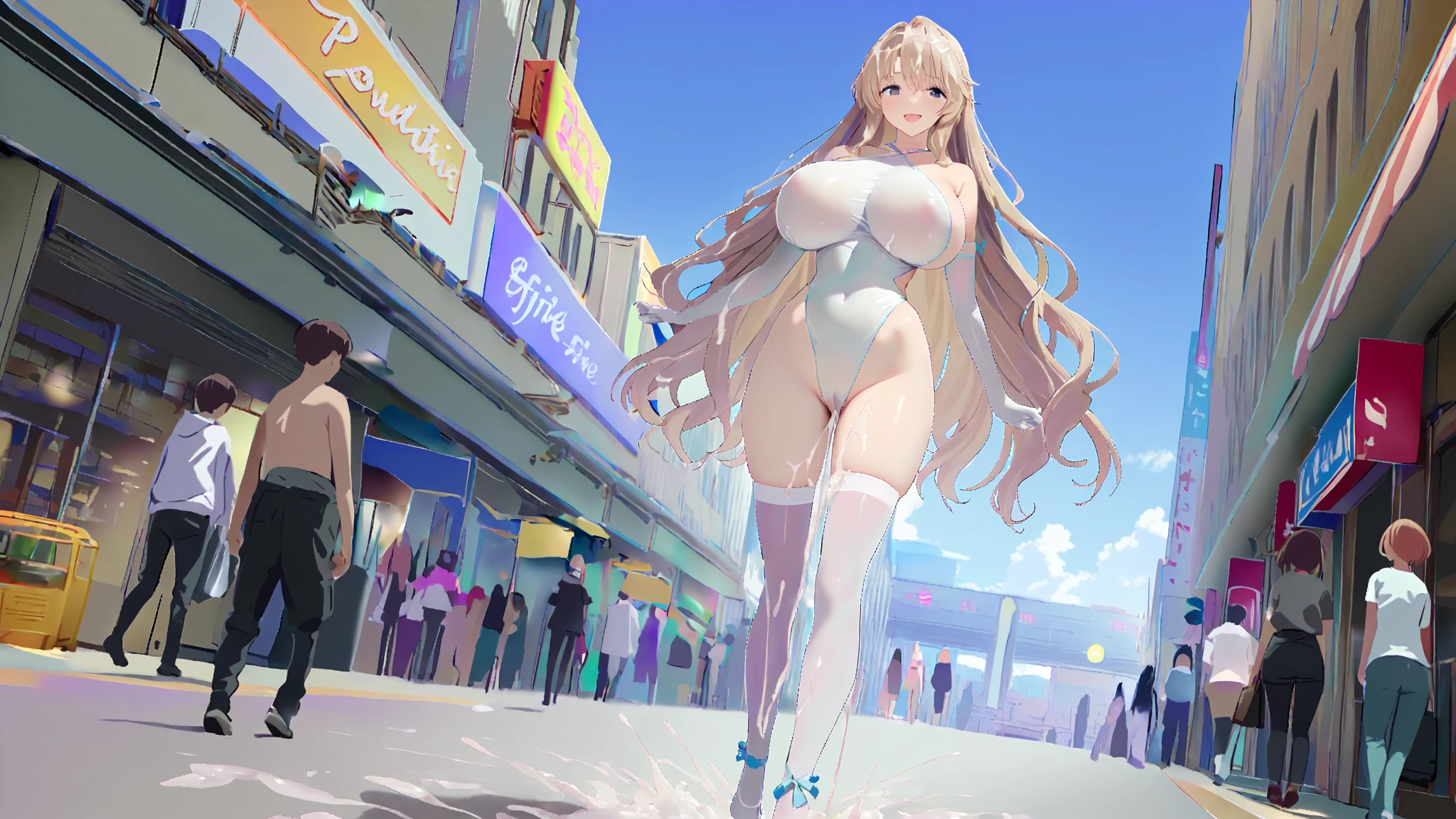"the Extremely Detailed CG Unity 8K Wallpapers, masterpiece, Best picture quality, blond hair, Be red in the face, smile, Full body, naruto, Ino, nude shoulders, bangs cover one eye, looks into camera, slim body, naked body, large breasts, pussy, sexy pose, covering breasts, city, night