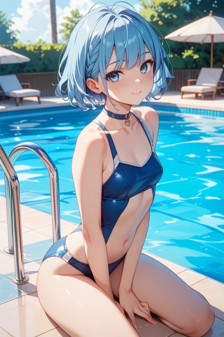school swimwear、Acme Face、Random pose、short hair、Blue Hair、、hair over one eye、、nsfw、Highest quality、1 girl、solo、Ocean、Sexy pose、Random pose、Blushing、Wet、Embarrassed