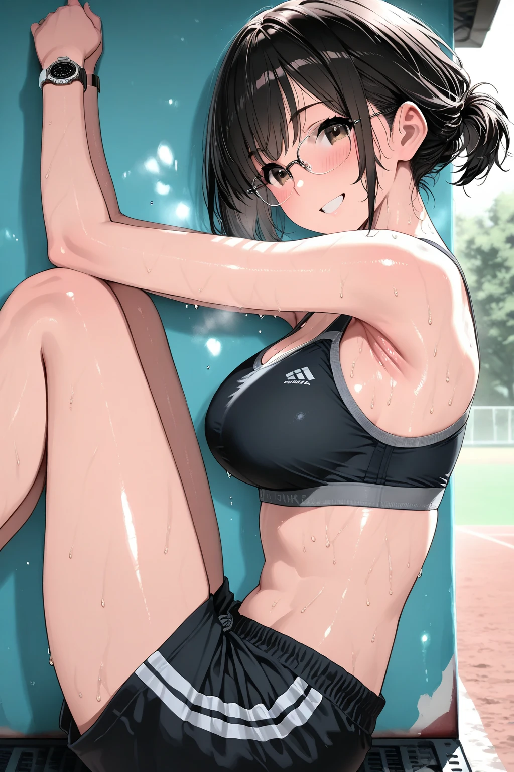 (Highest quality), (masterpiece), 1080P, High resolution, 4K, 8K, Maid clothes, ((bear)), Shooting from directly below, Sweat, Micro Bikini, To achieve this, ((side)), show your side, Spread your legs, Nipples, Small breasts, whole body, Embarrassed face, Long black hair, Blunt bangs, bracelet, stretch, training, sports gym, Leather shoes, Thick sole,